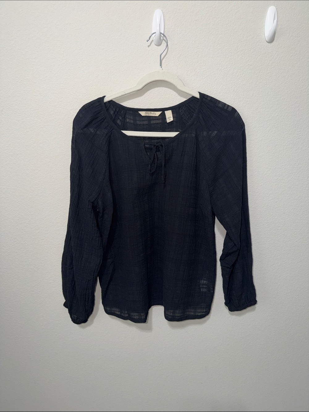 AnyBody Black Gauzy Tie-Neck Peasant Tunic